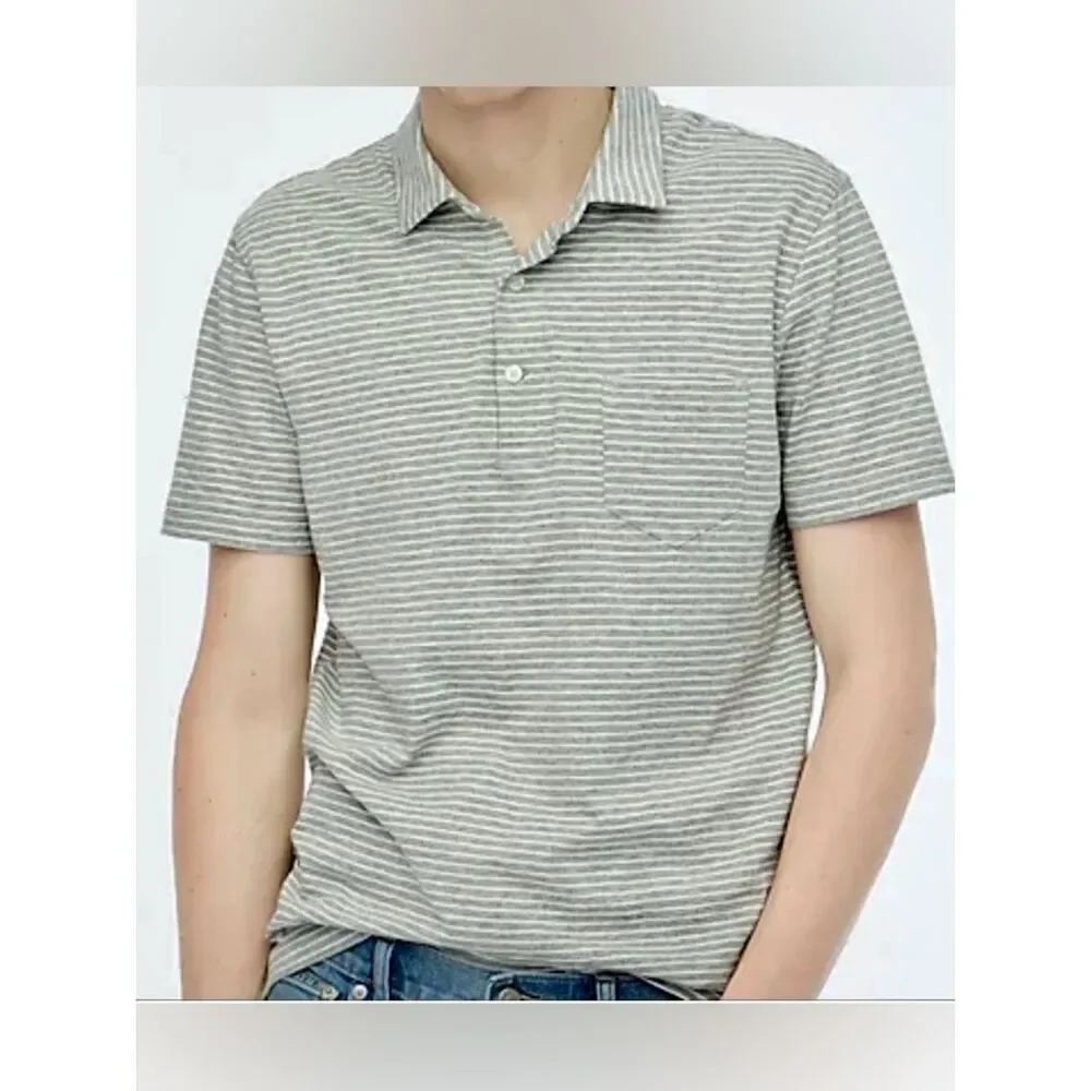 J Crew Slub Cotton Striped Polo in Grey/White Mens M